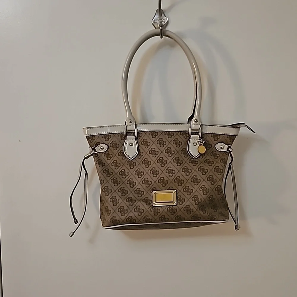 VTG GUESS 1990s Brown Cream Trim Logo Monogram Reama Tote Bag